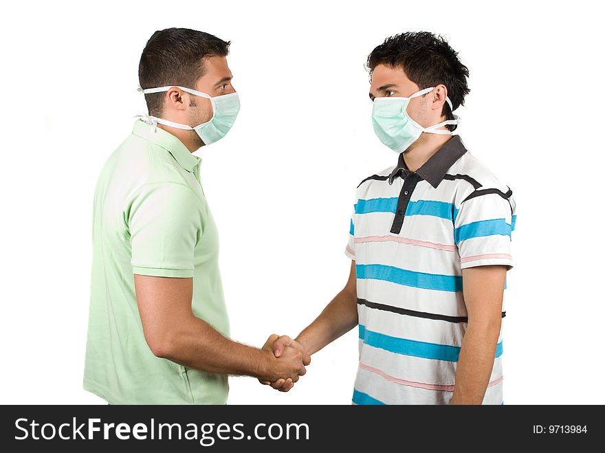 Portrait of two young people colleagues giving handshake and wearing protective mask concept of protection from flu,check also  <a href=http://www.dreamstime.com/medical-rcollection8351-resi828293>Medical</a>. Portrait of two young people colleagues giving handshake and wearing protective mask concept of protection from flu,check also  <a href=http://www.dreamstime.com/medical-rcollection8351-resi828293>Medical</a>