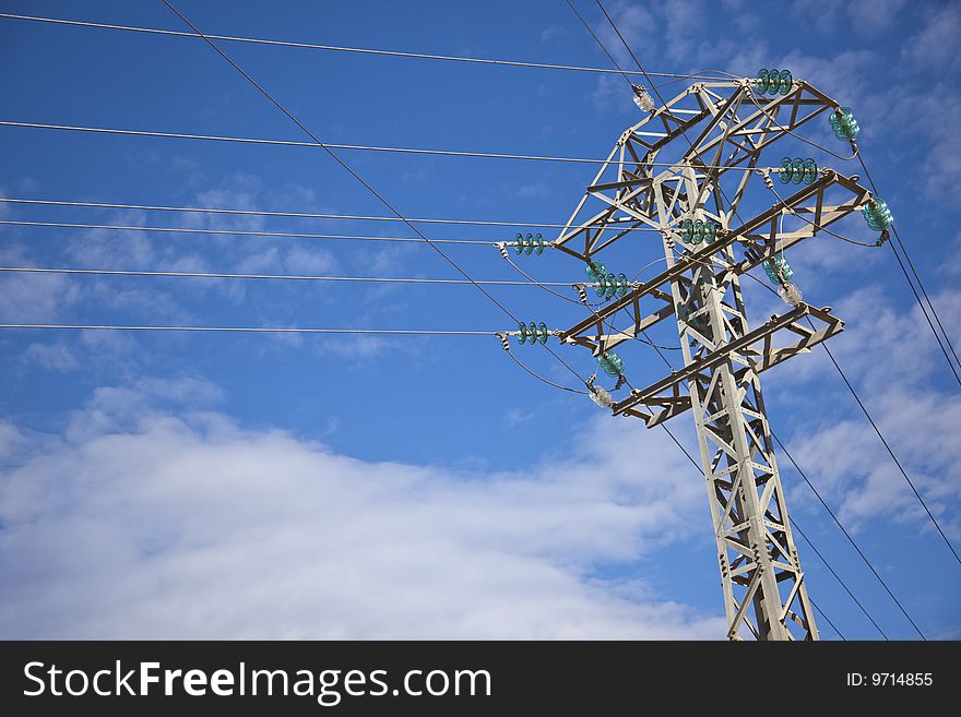 High voltage tower with wires