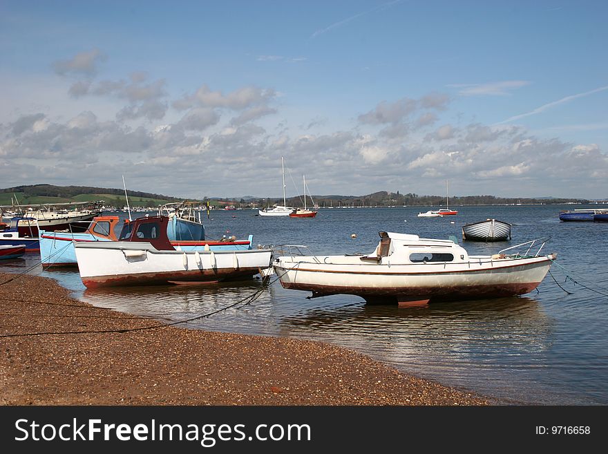 View of moored boats on River Exe