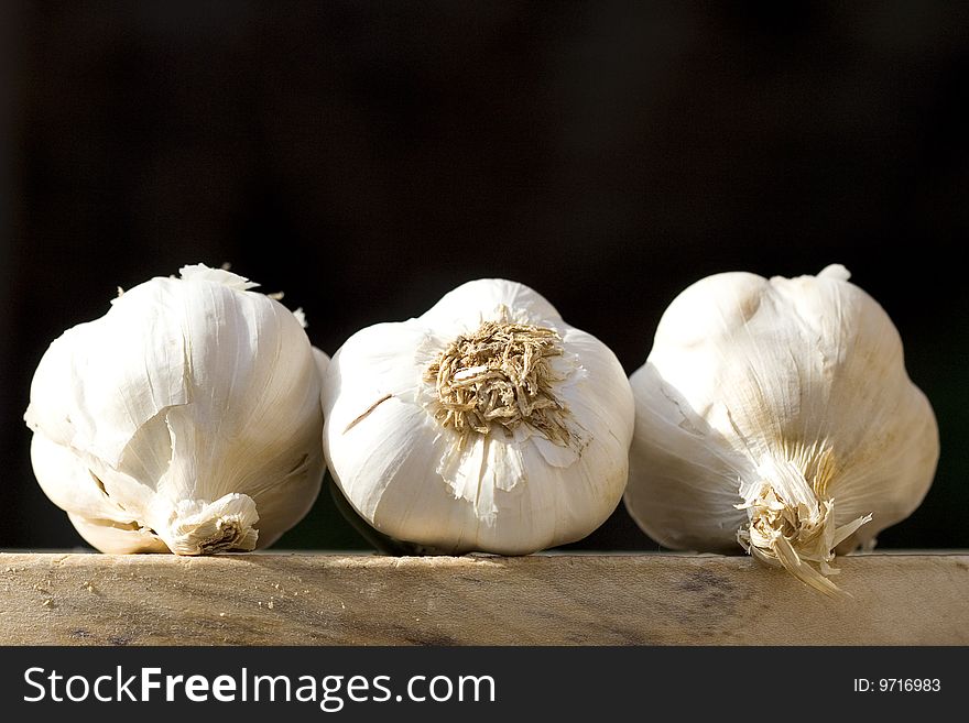Still life of three garlic on a black background