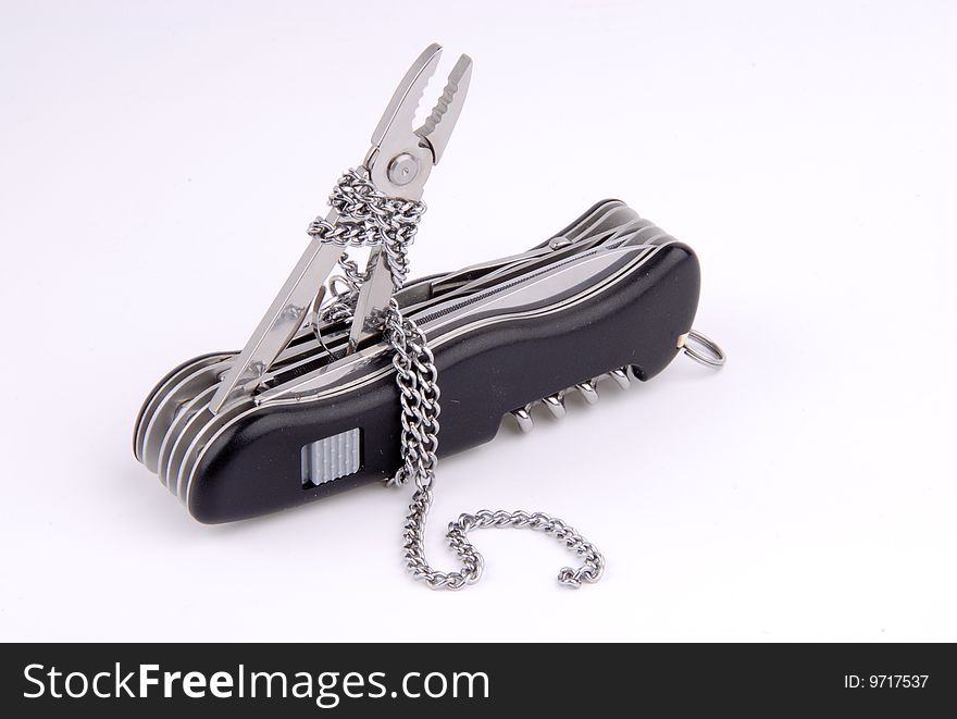 Folding pocket knife, pliers in chain. Folding pocket knife, pliers in chain