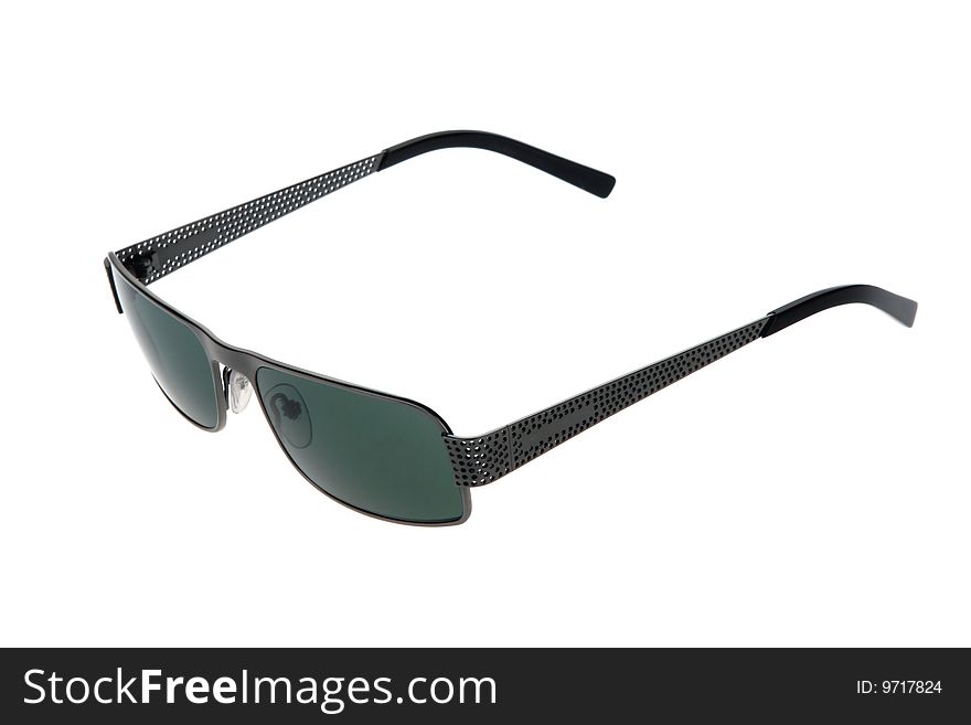 Stylish sun glasses in an easy metal frame with holes. Isolated on white.