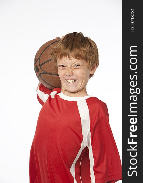 Young man on white holding basketball. Young man on white holding basketball