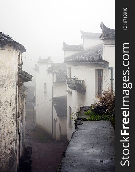 Old house in thick fog ,China