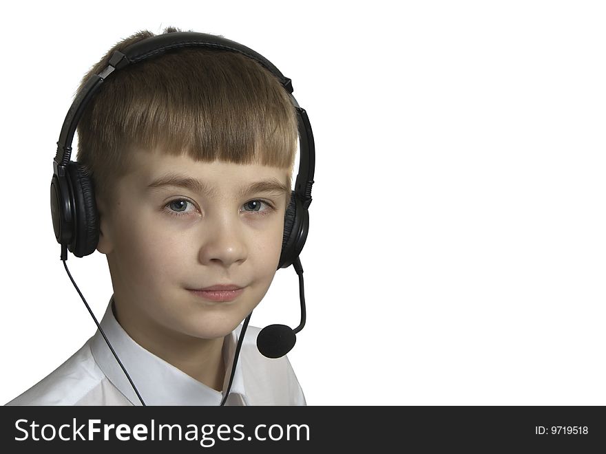 Child in headset on white background is isolated. Child in headset on white background is isolated