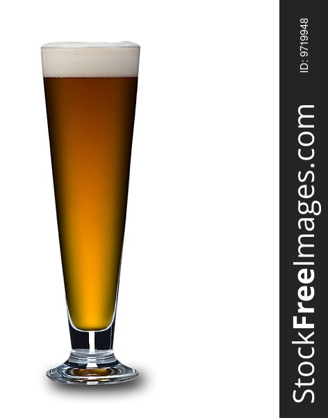 A close up of a single glass of beer on a white background. Beer is a lovely golden colour with white frothy bubbles on top.