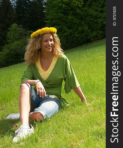 Curly Girl With Dandelion Chain On Head