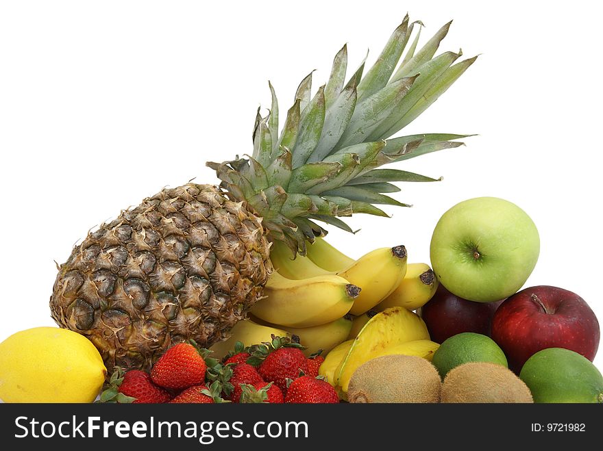 A variety of fruit arranged on white background. A variety of fruit arranged on white background.