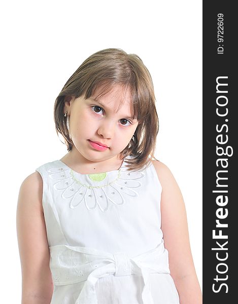 Sad little girl isolated on the white background