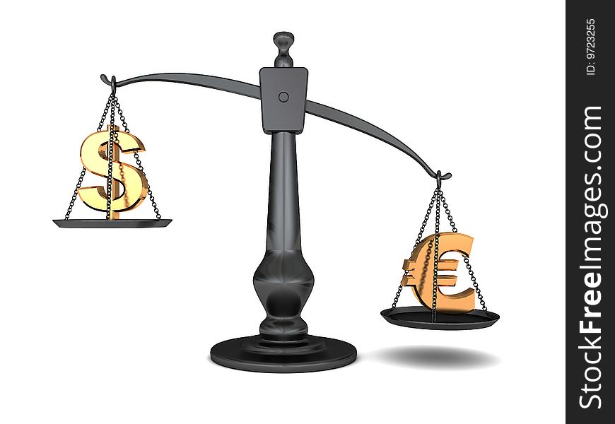 3d illustration of dollar and euro signs on scale. 3d illustration of dollar and euro signs on scale