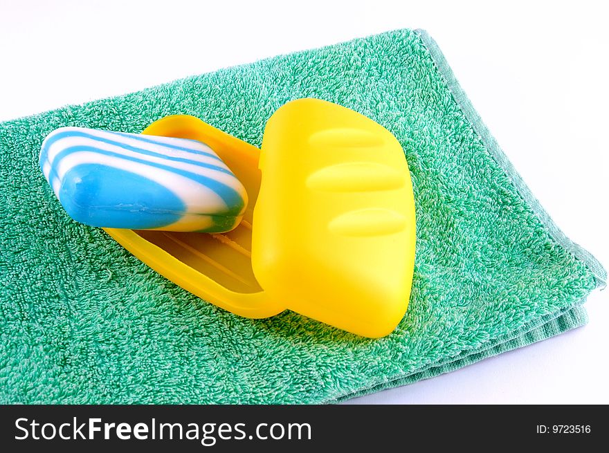 Blue soap on a green towel