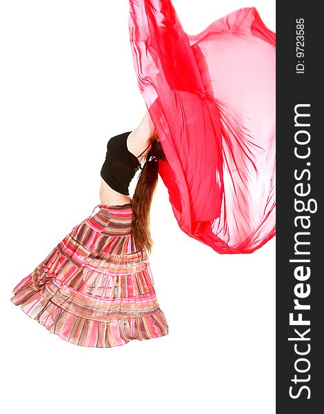 Girl dancing with red scarf over white
