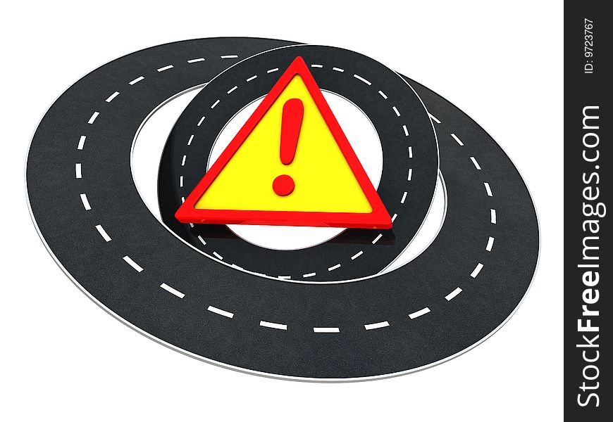 Abstract 3d illustration of roads around warning symbol. Abstract 3d illustration of roads around warning symbol