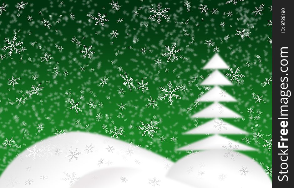 Green christmas background with white hills and tree