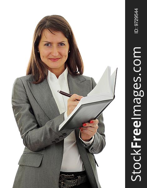 Smiling young business woman isolated on a white background