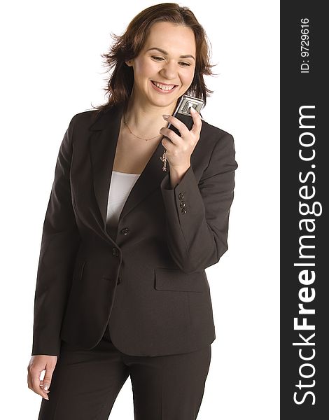 Businesswoman text messaging on mobile phone studio shot