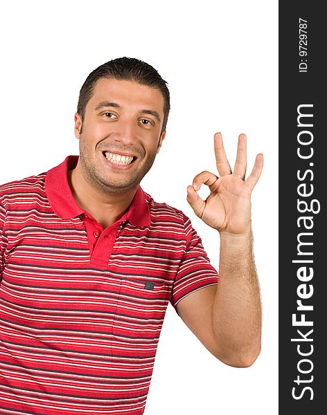 Beauty male with toothy smile showing a perfect okay sign isolated on white background.Same series with this model in <a href=http://www.dreamstime.com/facial-expressions-and-gesture-rcollection9268-resi828293>Facial expressions and gesture</a>. Beauty male with toothy smile showing a perfect okay sign isolated on white background.Same series with this model in <a href=http://www.dreamstime.com/facial-expressions-and-gesture-rcollection9268-resi828293>Facial expressions and gesture</a>