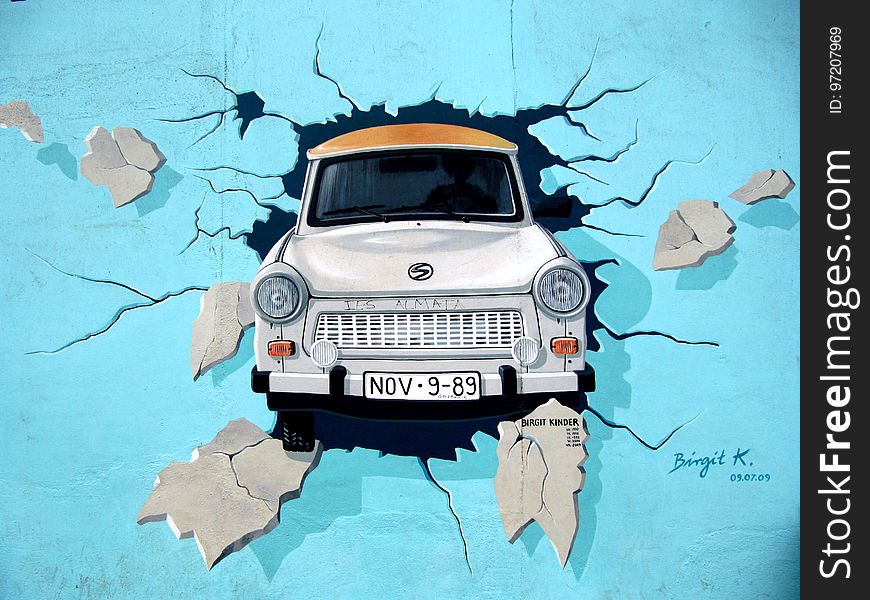 White Car Crash in Blue Wall Signature Painting