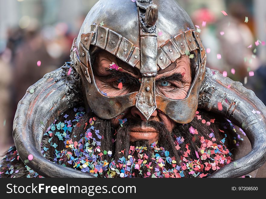 Man Wearing Viking Helmet Focus Photography