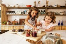 Little Sisters Girl Preparing Baking Cookies. Stock Images