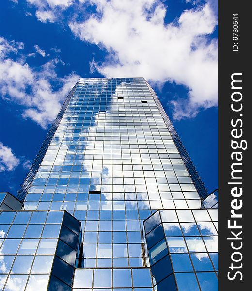 Front wall of office building with blue windows