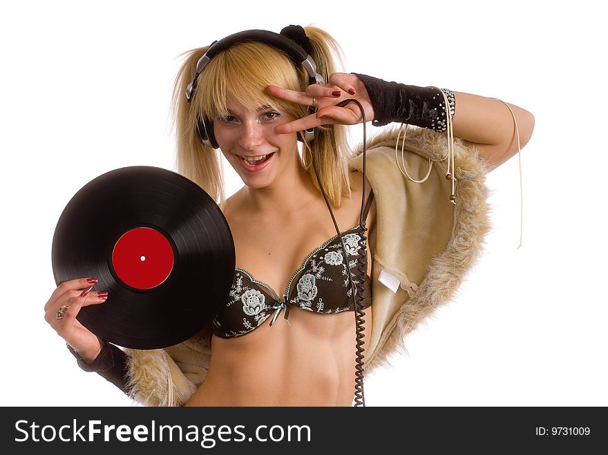 Happy Girl With Vinyl Record Over White