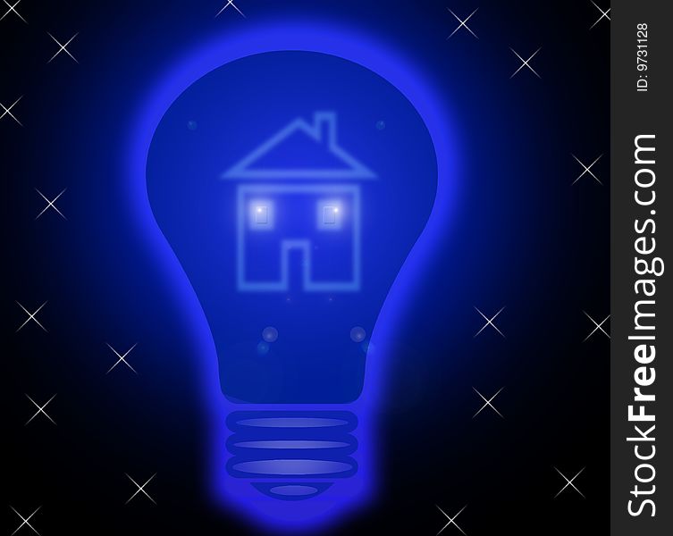 Light in the dark and house in the middle of the bulb