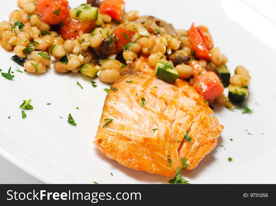 Grilled Salmon with Fried Vegetables. Grilled Salmon with Fried Vegetables