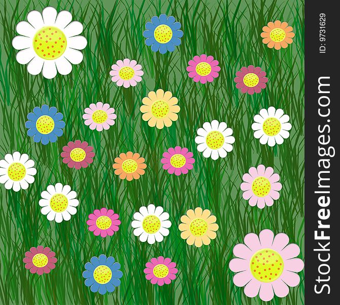 2d colorful flowers on green grassy background