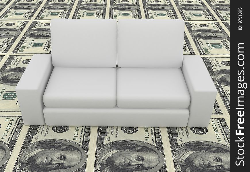 Sofa on dollars. 3D rendering