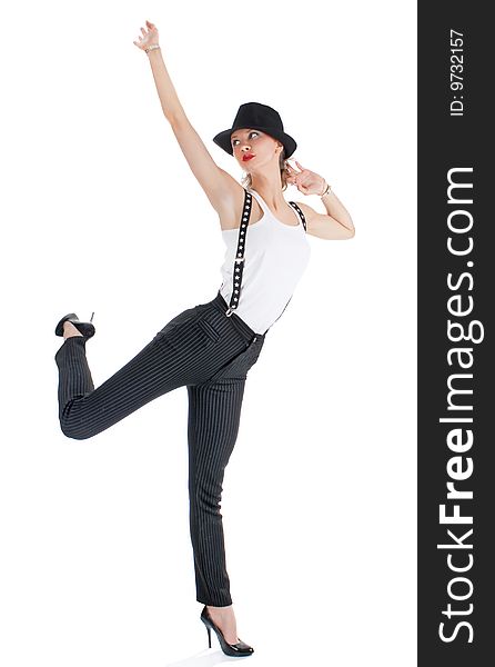 Photo-session in studio of the young blondy girl with black hat