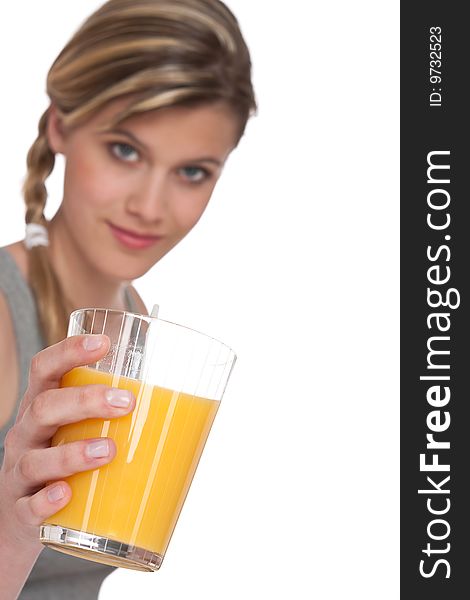 Healthy lifestyle series - Woman with glass of orange juice on white background, focus on hand. Healthy lifestyle series - Woman with glass of orange juice on white background, focus on hand