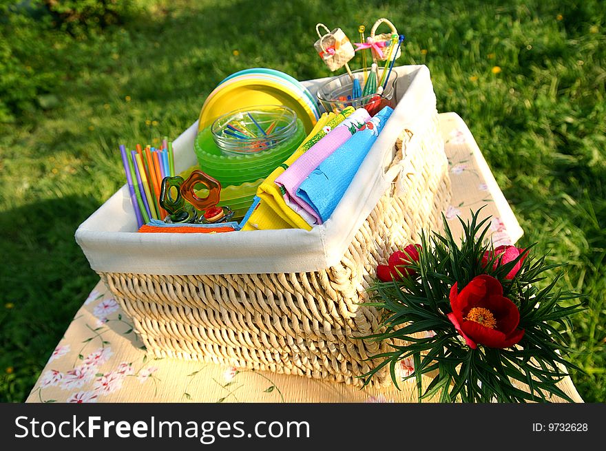 Color Summer Picnic Accessories In A Basket