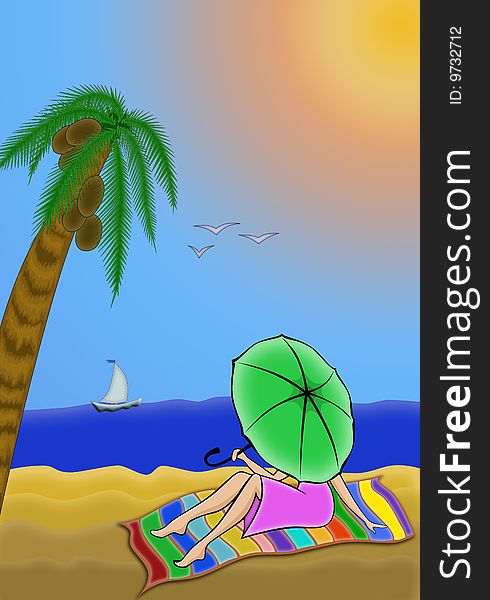 Illustration   of girl   on  background  blue  sea and  palm