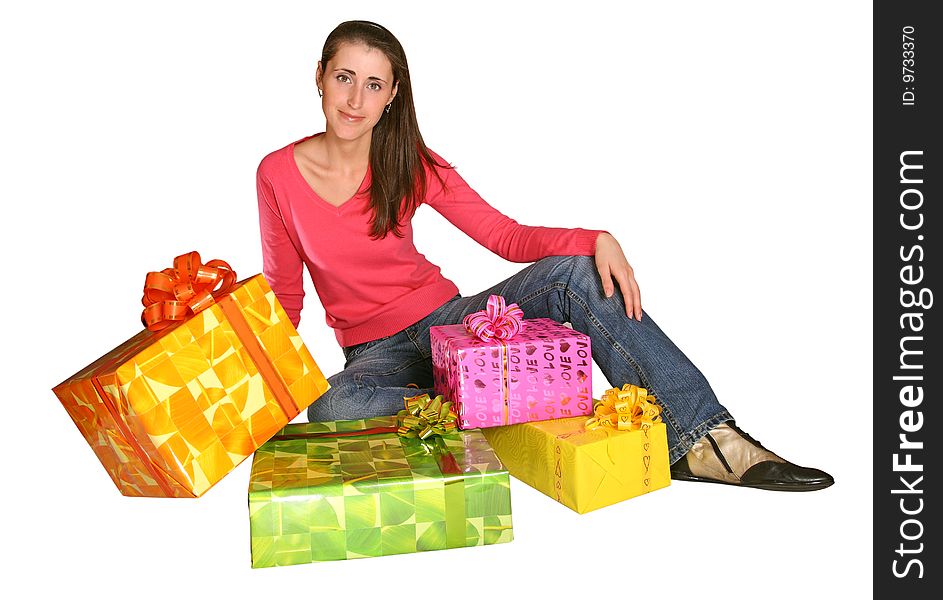 The young woman with beautifully decorated boxes separately on a white background. The young woman with beautifully decorated boxes separately on a white background