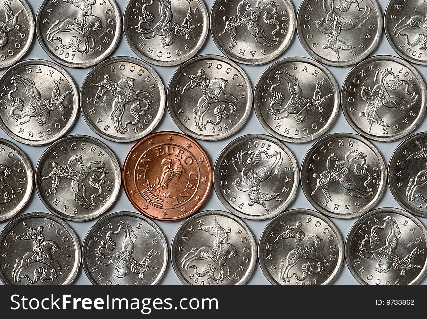 Euro Coin Among Russian Coins