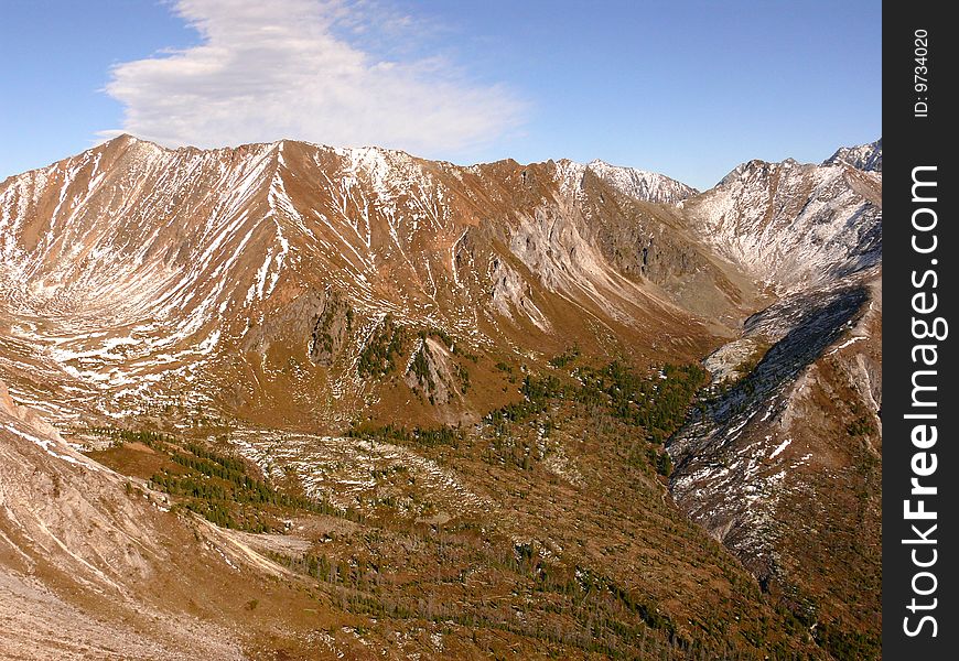 White cloud floats in the blue sky above the green mountains and a mountain valley