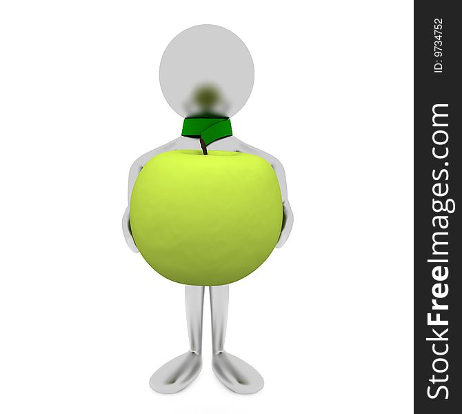 3D man holds an apple isolated on white. 3D man holds an apple isolated on white.