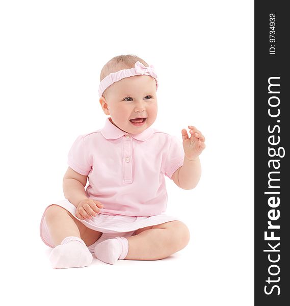 Sweet happy little girl sit over white background