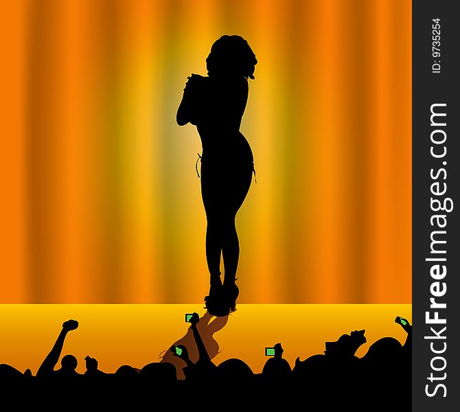 Vector illustrated female silhouette on stage in front of audience. Vector illustrated female silhouette on stage in front of audience