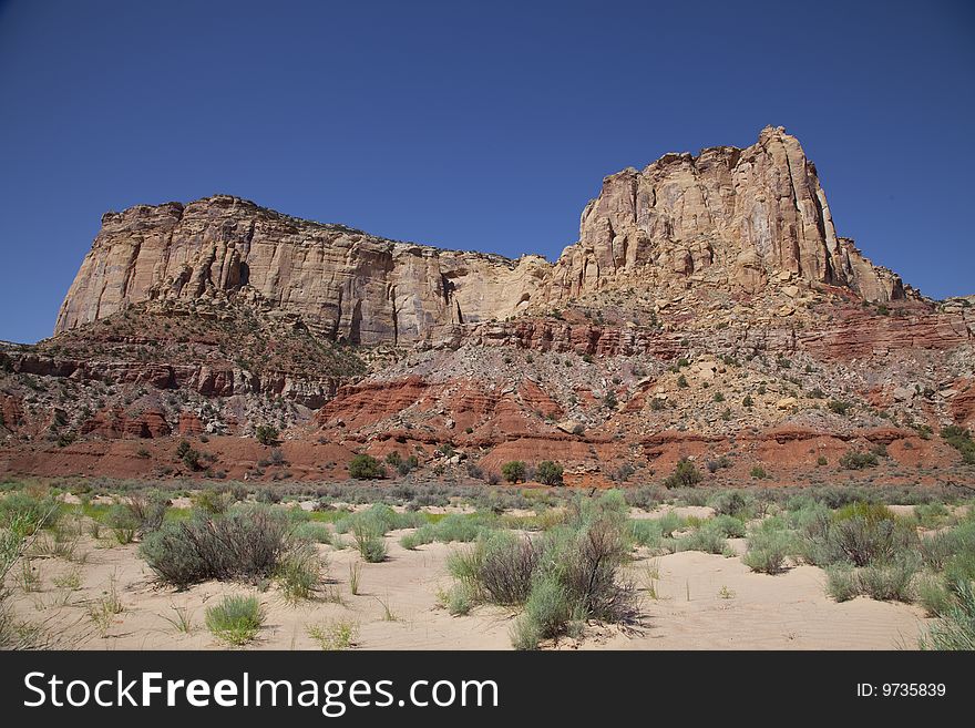 View of red rock formations in San Rafael Swell with blue sky�s