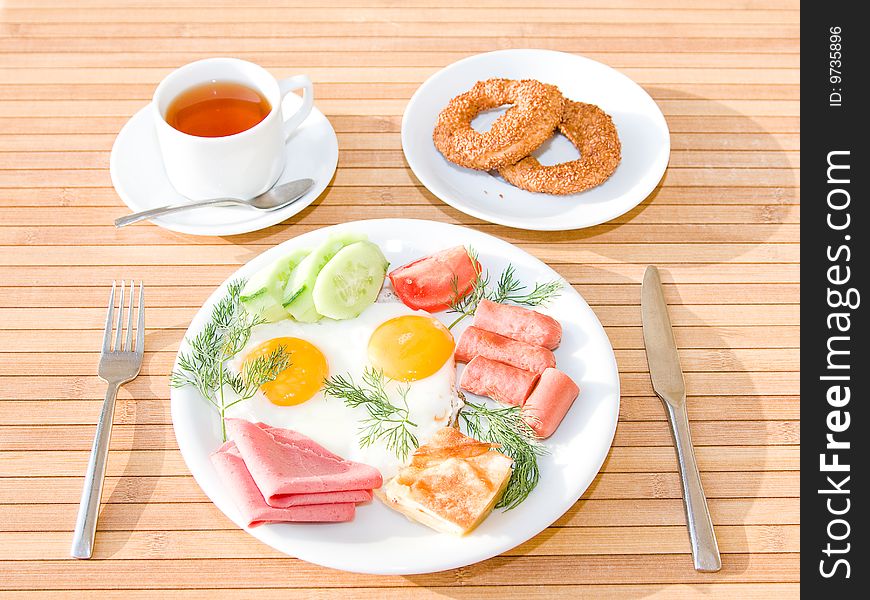 Breakfast served on the table. Breakfast served on the table