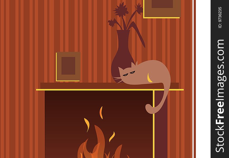 Illustration of a cat, vase and fire place. Illustration of a cat, vase and fire place