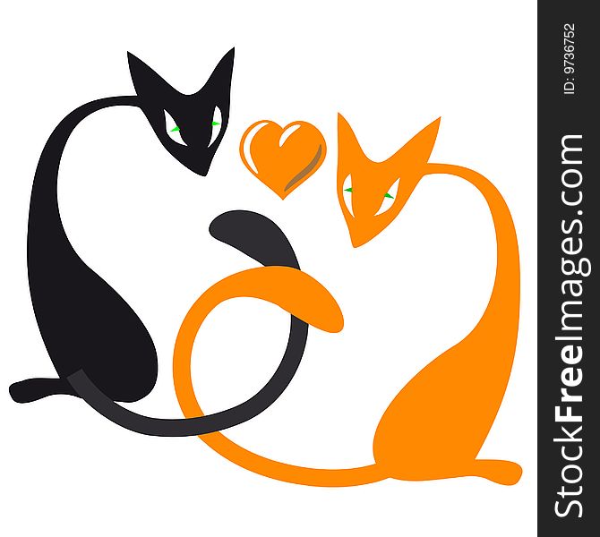 Vector style image red and black cats with heart shape. Vector style image red and black cats with heart shape