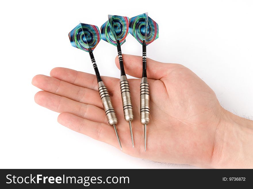 Arrows darts in hand isolated on white background