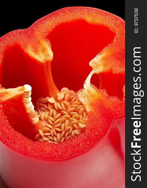 Sliced red pepper with seeds