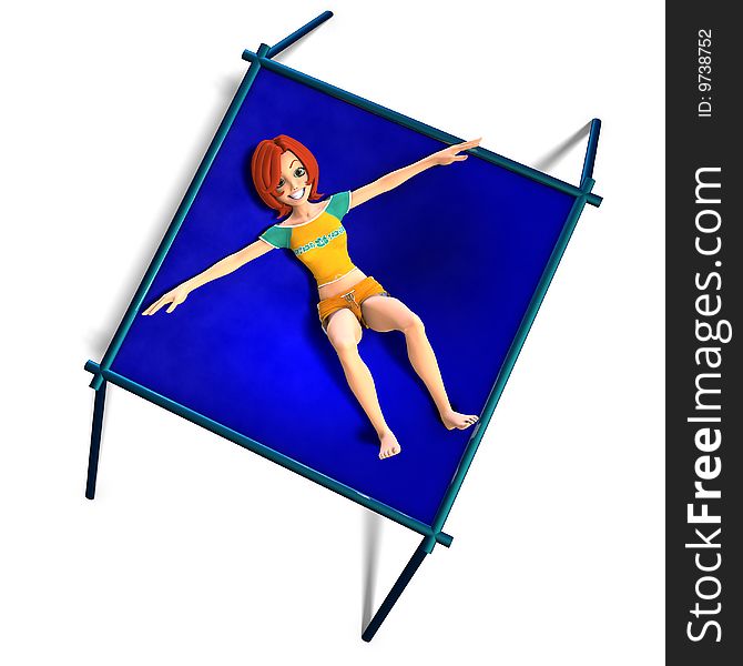 Rendering of a cartoon girl who jumps on a trampoline. With Clipping Path and shadow over white. Rendering of a cartoon girl who jumps on a trampoline. With Clipping Path and shadow over white