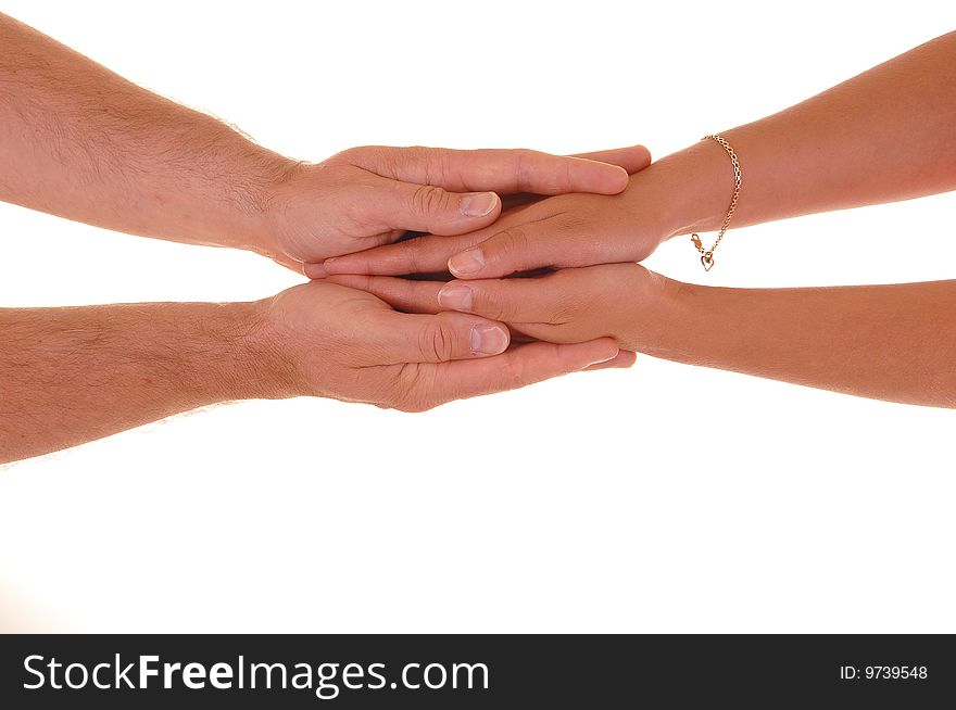 The mans hand hold the womans hands between them to show that the
man will protect the woman all the times, on white background. The mans hand hold the womans hands between them to show that the
man will protect the woman all the times, on white background.