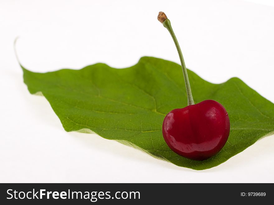 Fresh sweet cherry lies on green sheet