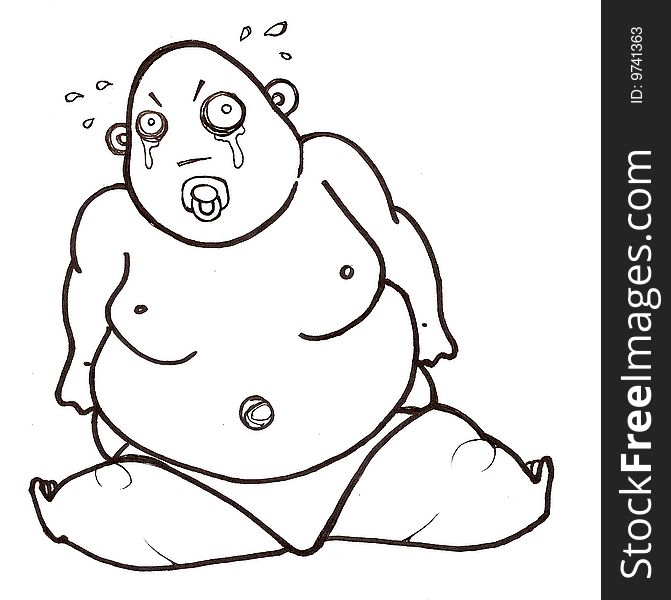 Vector illustration of a big fat baby crying sucking on a pacifier with tears running down his face. Vector illustration of a big fat baby crying sucking on a pacifier with tears running down his face.